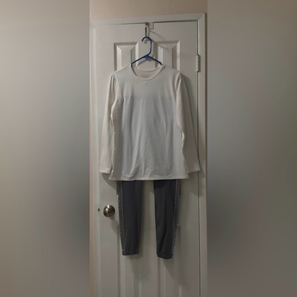 Thermajane Women's Size L White Long Sleeve Top W/BOHO LG Gray Leggings